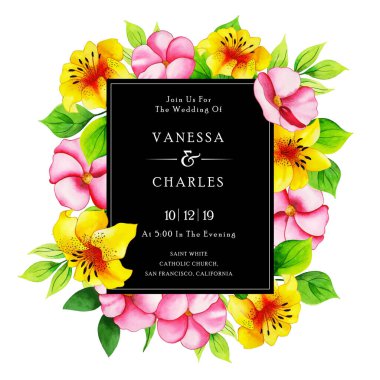 Renkli suluboya çiçekli arka plan, düğün kartı şablonu