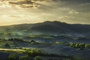 Toskana, sunset bulvarında tepeler haddeleme. Kırsal manzara. Yeşil alanlar 