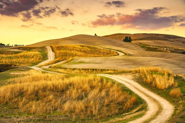 Paisagem da Toscana, estrada rural e campo verde. Volterra Itália — Fotografia de Stock