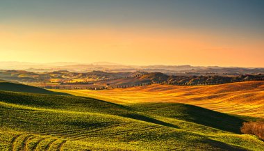 Tuscany kırsal puslu panorama tepeler ve yeşil alan,