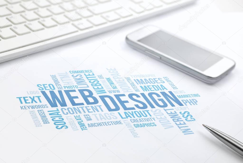 Web Design business concept word cloud print document, keyboard,