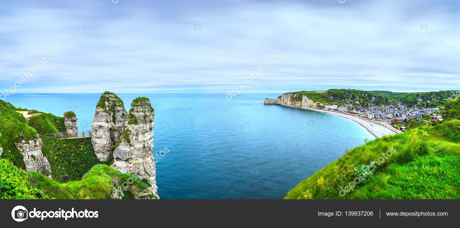 Etretat village and bay beach. Aerial view from the cliff. Norma Stock ...