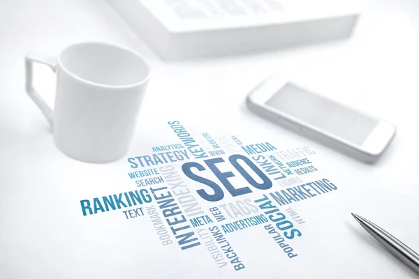 Seo, optimisation des moteurs de recherche, concept d'entreprise mot nuage esprit — Photo