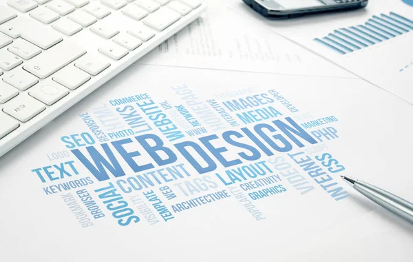 Web Design επιχειρηματική έννοια σύννεφο εκτύπωσης έγγραφο του word, το πληκτρολόγιο, — Φωτογραφία Αρχείου