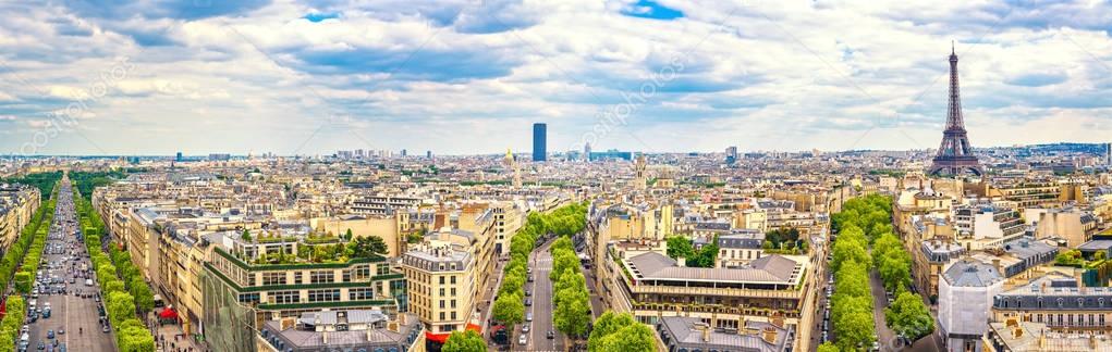 Paris, France. Panoramic view from Arc de Triomphe. Eiffel Tower