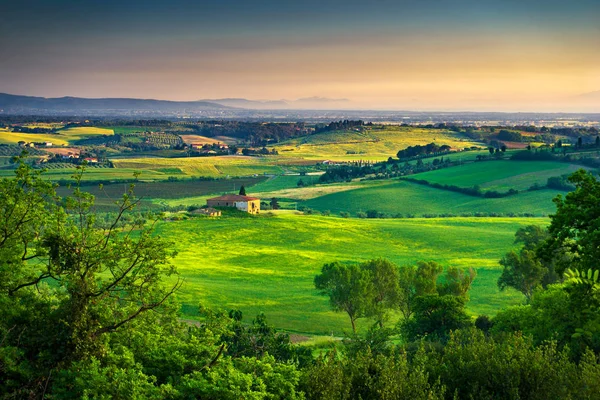 Maremma, paesaggio rurale al tramonto. Campagna vecchia fattoria e verde — Foto Stock