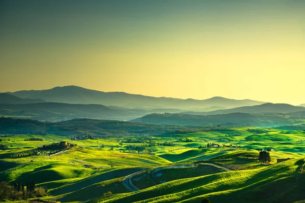 Volterra panorama, tepeler, ağaçlar ve güneş, yeşil alanlar