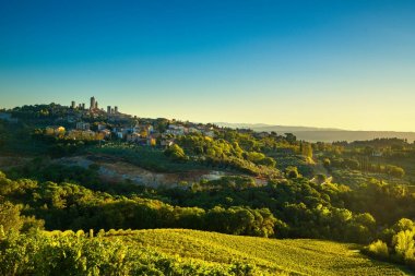 San Gimignano panoramik ortaçağdan kalma şehir manzarası ve vineyar kuleleri