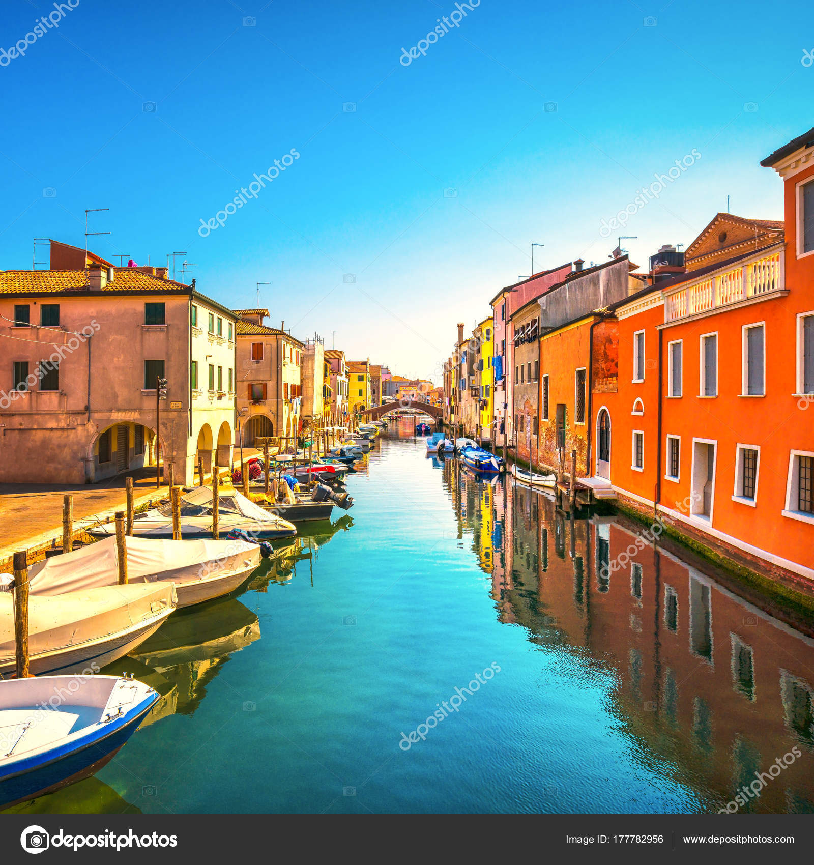 Chioggia town in venetian lagoon, water canal and church. Veneto Stock