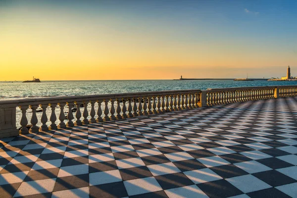 Mascagni Terrazza terrace and harbour entrance at sunset. Livorn — Stock Photo, Image