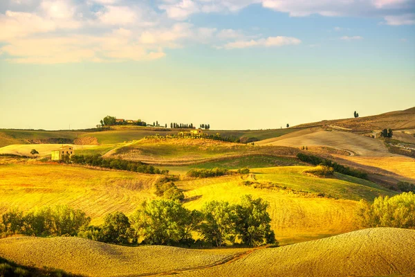 Volterra-Panorama, sanfte Hügel, Bäume und grüne Felder bei Sonnen — Stockfoto
