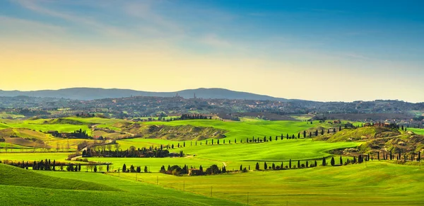 De skyline van de stad van Siena, landschap en glooiende heuvels. Toscane, Ital — Stockfoto