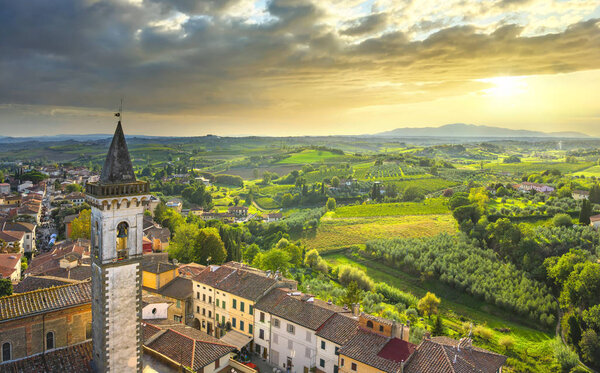 Vinci, Leonardo birthplace, view and bell tower of the church. F