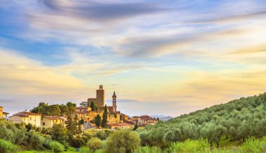 Vinci, Leonardo 'nun doğduğu yer, köy silueti ve zeytin ağaçları. Flo.
