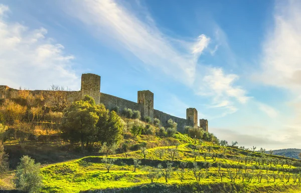 Monteriggioni medeltida befäst by och olivträd, Siena, — Stockfoto