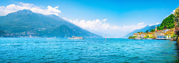 Bellagio town in Como lake district and ferry boat. Italian travel destinatio. Italy, Europe.
