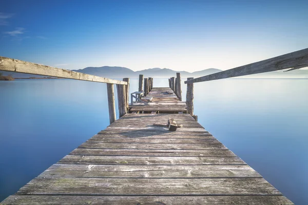 Wooden Pier Jetty Lake Sunrise Long Exposure Torre Del Lago — Stock Photo, Image