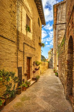 Colle Val d 'Elsa, eski şehrin pitoresk caddesi. Siena, Toskana, İtalya.