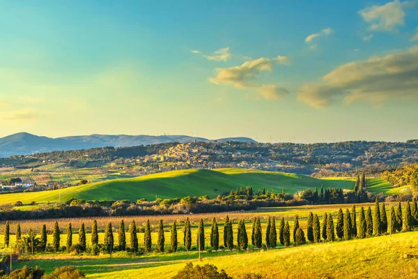 Zonsondergang Landschap Maremma Platteland Rollende Heuvels Cipressen Casale Marittimo Toscane — Stockfoto