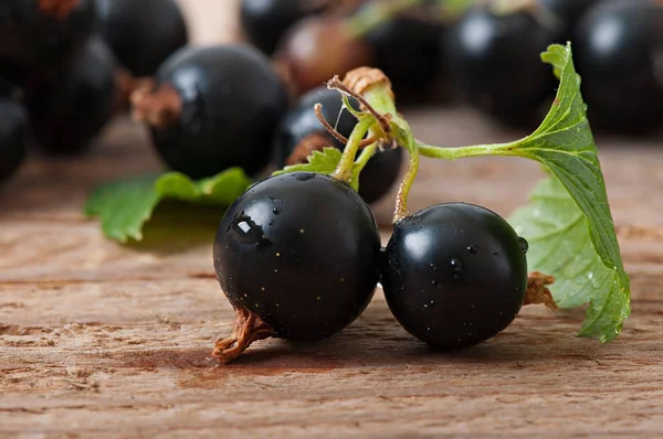 Black currant berries on an old wooden background. — Stock Photo, Image