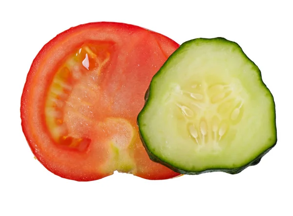 Part of tomato and cucumber isolated on white background, top view. — Stock Photo, Image