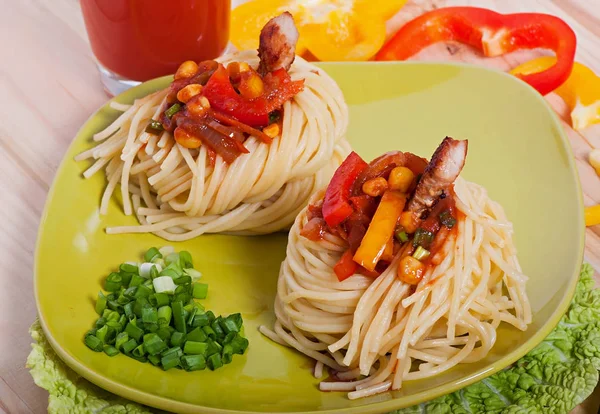 Pasta with vegetable sauce and turkey meat, diet menu. Valentine\'s Day.