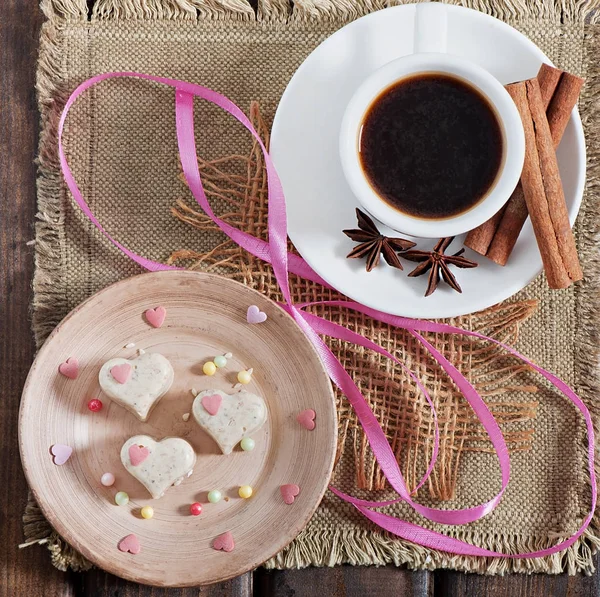 Milk Sesame Sweets Form Heart Cup Fragrant Coffee Spices Old — Stock Photo, Image