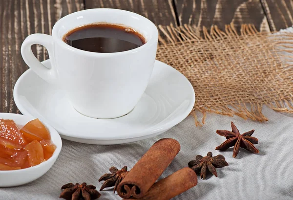 Comida Una Taza Café Caliente Fragante Una Deliciosa Mermelada Dulce —  Fotos de Stock