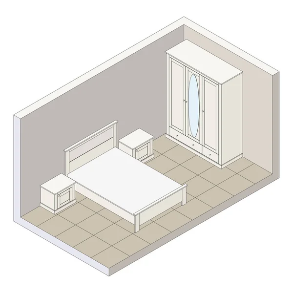 Muebles isométricos de polietileno bajo vectorial para el interior del dormitorio con cama, mesitas de noche y armario en color neutro — Archivo Imágenes Vectoriales