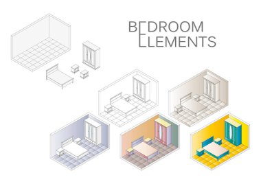 İzometrik düşük poli yatak odası mobilya simgeler. Vektör yatak odası iç kroki. 