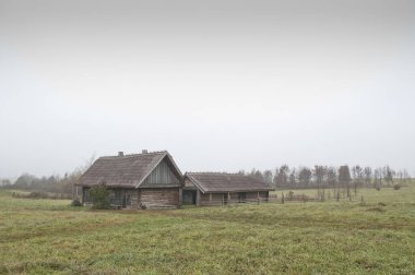 Tarlalarda ahırı olan eski bir ahşap ev duruyor. Slav köyü mimarisi.