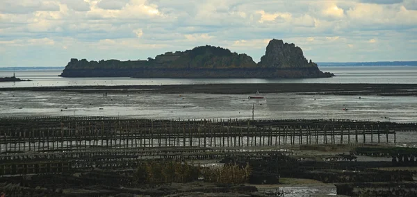 Fazenda de ostras na costa atlântica e pequenas ilhotas em Cancale, França — Fotografia de Stock