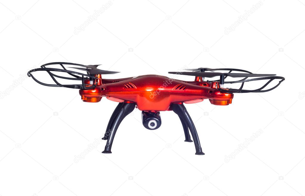Big red drone isolated on white background. closeup