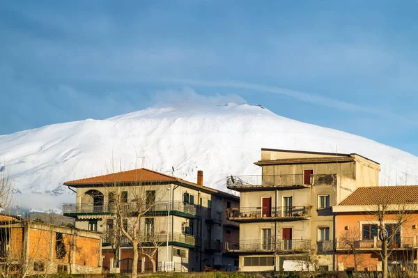 Bronte Town Snowy Majestic Volcano Etna Sicily Italy — Stock Photo, Image