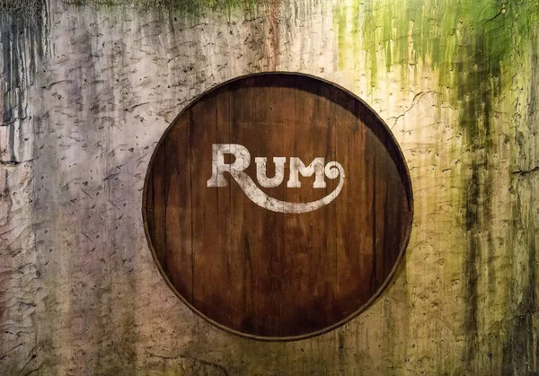Dřevěné Sudy Grunge Wall Rumem Napsaným Tapeta — Stock fotografie