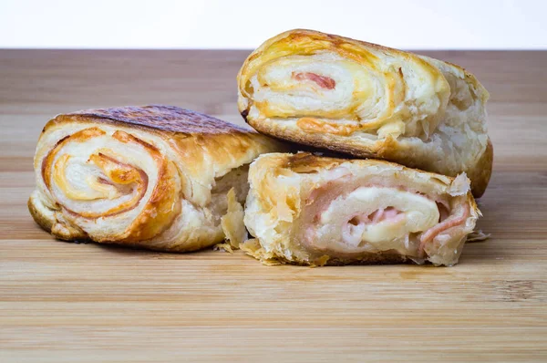 Delicious Italian Snack Puff Pastry Wooden Board Closeup — Stock Photo, Image