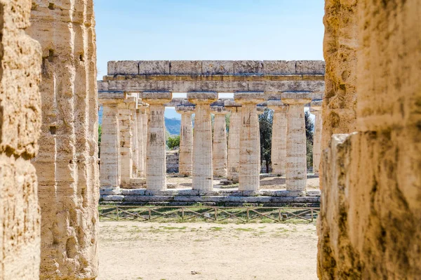 Klasycznej Greckiej Świątyni Ruinach Starożytnego Miasta Paestum Cilento Włochy — Zdjęcie stockowe