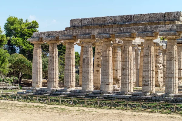 Klasycznej Greckiej Świątyni Ruinach Starożytnego Miasta Paestum Cilento Włochy — Zdjęcie stockowe