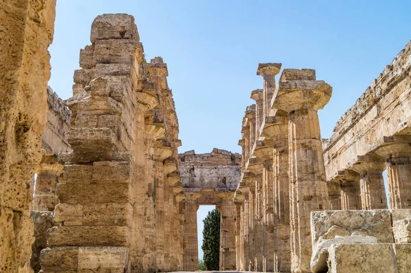 Klasycznej Greckiej Świątyni Ruinach Starożytnego Miasta Paestum Cilento Włochy — Zdjęcie stockowe