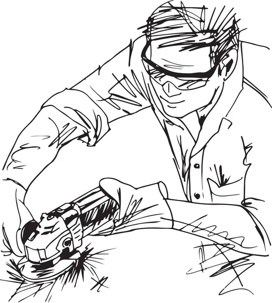 Sketch of man with circular saw — Stock Vector