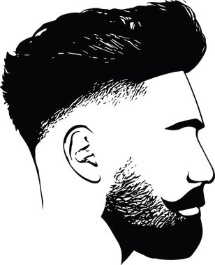 Sakallı adam, saç tıraşlı bir hippiyle karşı karşıya. Berber dükkanı ve logo şablonu için erkek modası. Vektör İllüstrasyonu