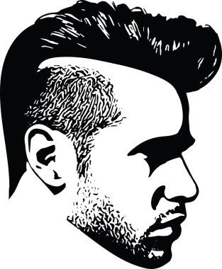 Sakallı adam, saç tıraşlı bir hippiyle karşı karşıya. Berber dükkanı ve logo şablonu için erkek modası. Vektör İllüstrasyonu