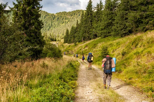 Dağ yolunda bir grup turist. Seyahat, macera ya da dağlara yolculuk kavramı. Arkadan bak.