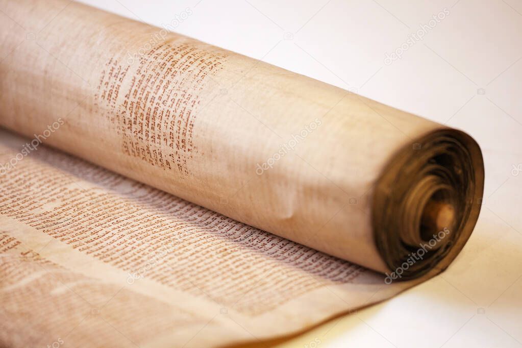 Old torah scroll book close up detail. Torah Jewish People. Shallow depth of field