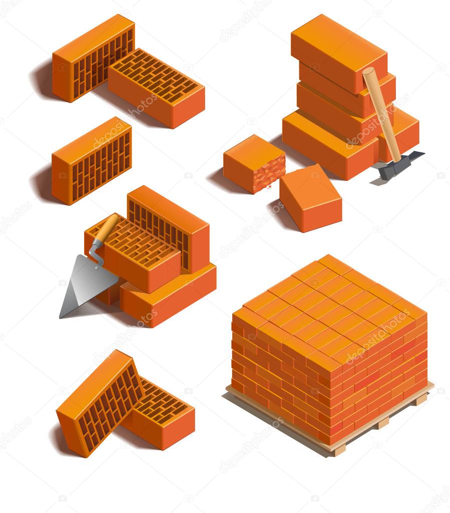 Isometric building, orange bricks, icons set