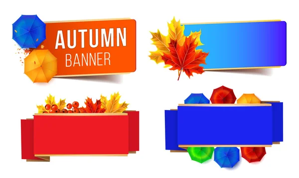 Set de banners vectoriales con hojas otoñales y umbrela para web — Vector de stock
