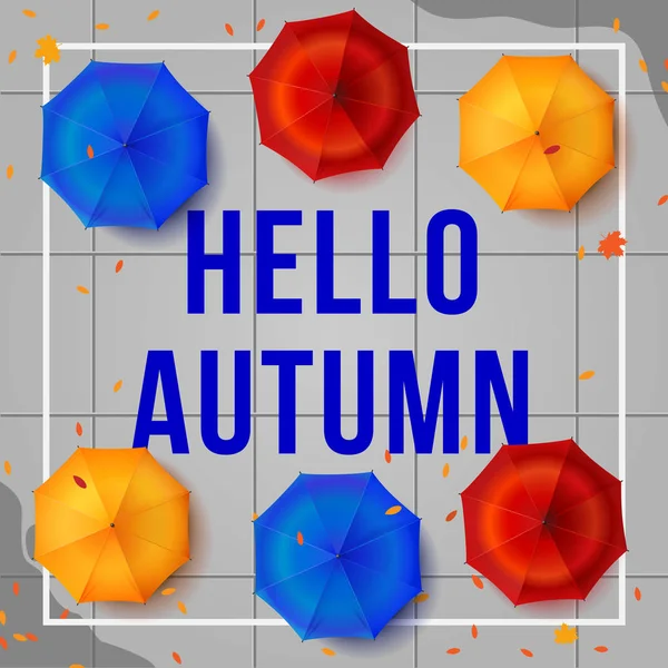 Illustration de bannière d'automne. Parapluies colorés feuilles orange. Vue d'en haut — Image vectorielle