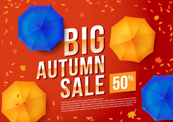 Büyük sonbahar satış, sonbahar el ilanı, renkli şemsiye ve yaprakları