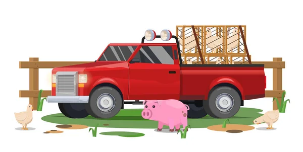 Rode pick-up, boerderij, kip vervoer, dorp — Stockvector