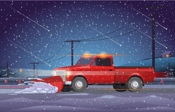Red pickup, night road, snow removal — Stock Vector